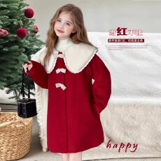 批发双面绒复合红色羊驼绒 原版质量 女童拜年服冬装中大儿童