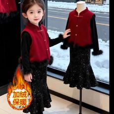 批发<b class='q'>女</b><b class='q'>童</b>新年套装秋冬新款儿童女孩国风红色毛衣裤子大童中式过年衣服