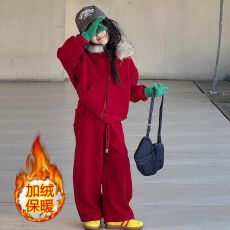 批发240克舒芙绒复合220克真超<b class='q'>女</b><b class='q'>童</b>秋冬新年<b class='q'>时尚</b>连帽外套休闲两件套潮