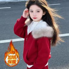 批发240克舒芙绒复合220克真超<b class='q'>女</b><b class='q'>童</b>秋冬新年<b class='q'>时尚</b>连帽外套休闲两件套潮