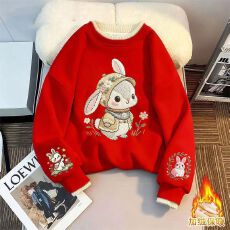 批发羊驼绒440克拜年服加绒加厚男<b class='q'>女</b><b class='q'>童</b>假两件圆领印花红色卫衣