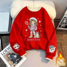 批发羊驼绒440克拜年服加绒加厚男<b class='q'>女</b><b class='q'>童</b>假两件圆领印花红色卫衣