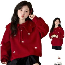 批发女童加绒加厚刺绣小马儿娃娃领卫衣2025秋冬新款女大童童新年套装