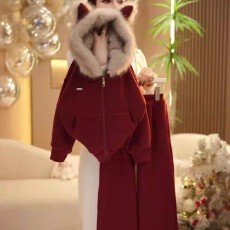 批发新年女大童红色套装过年服装本命年衣服加绒加厚女孩洋气时髦炸街