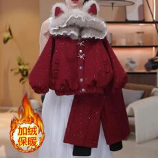 批发女童冬季花边帽年服套装网红新款女宝猫耳蝴蝶结上衣直筒裤两件套