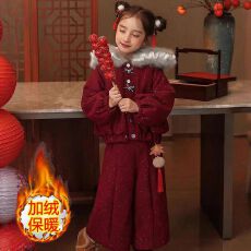 批发女童冬季花边帽年服套装网红新款女宝猫耳蝴蝶结上衣直筒裤两件套