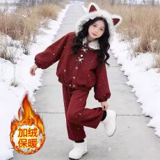 批发女童冬季花边帽年服套装网红新款女宝猫耳蝴蝶结上衣直筒裤两件套