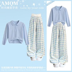 批发2026新款今年流行爆款运动<b class='q'>套装</b>女秋冬初中生格子裤卫衣一整套