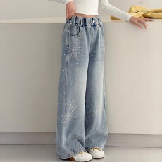 批发<b class='q'>女童</b>202<b class='q'>6</b>新款春秋烫钻时髦<b class='q'>牛仔</b>裤弯刀裤超洋气直筒裤闪钻百搭