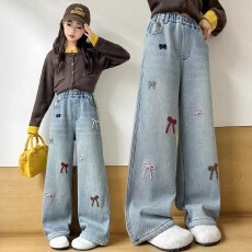 批发<b class='q'>女童</b>202<b class='q'>6</b>新款春秋蝴蝶结时髦<b class='q'>牛仔</b>裤弯刀裤超洋气直百搭阔腿裤