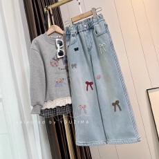 批发<b class='q'>女童</b>202<b class='q'>6</b>新款春秋蝴蝶结时髦<b class='q'>牛仔</b>裤弯刀裤超洋气直百搭阔腿裤