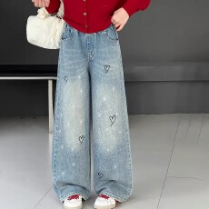批发<b class='q'>女童</b>202<b class='q'>6</b>新款春秋闪钻时髦<b class='q'>牛仔</b>裤弯刀裤超洋气直百搭阔腿裤