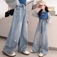 批发<b class='q'>女童</b>202<b class='q'>6</b>新款春秋闪钻时髦<b class='q'>牛仔</b>裤弯刀裤超洋气直百搭阔腿裤