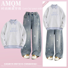 批发<b class='q'>女</b><b class='q'>童</b><b class='q'>202</b>6<b class='q'>新款</b>春款套装新时髦超洋气儿童两件套牛仔裤套装