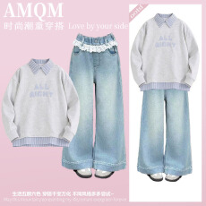 批发<b class='q'>女</b><b class='q'>童</b><b class='q'>202</b>6<b class='q'>新款</b>春款套装新时髦超洋气儿童两件套牛仔裤套装