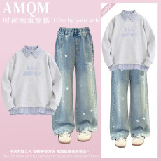 批发<b class='q'>女</b><b class='q'>童</b><b class='q'>202</b>6<b class='q'>新款</b>春款套装新时髦超洋气儿童两件套牛仔裤套装