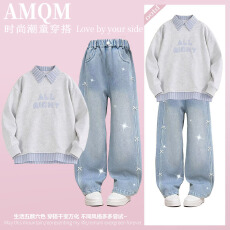 批发<b class='q'>女</b><b class='q'>童</b><b class='q'>202</b>6<b class='q'>新款</b>春款套装新时髦超洋气儿童两件套牛仔裤套装