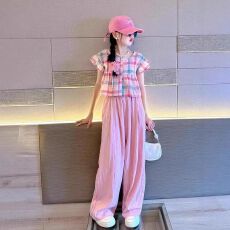 批发<b class='q'>女</b>童<b class='q'>夏</b>日<b class='q'>套装</b>夏季薄款儿童格子娃娃衫阔腿裤<b class='q'>两件</b>套<b class='q'>女</b>孩休闲防蚊裤