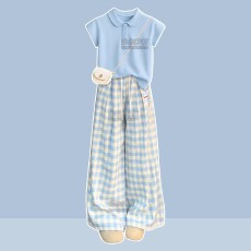 批发珊沫<b class='q'>女</b>童<b class='q'>夏</b>季<b class='q'>休闲</b>套装短袖上衣阔腿裤<b class='q'>两件</b>套韩版蓝色格子裤童装潮