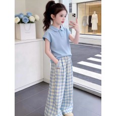 批发珊沫<b class='q'>女</b>童<b class='q'>夏</b>季<b class='q'>休闲</b>套装短袖上衣阔腿裤<b class='q'>两件</b>套韩版蓝色格子裤童装潮