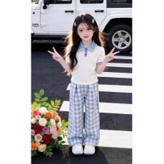 批发法国BADNUT女<b class='q'>童</b><b class='q'>套装</b><b class='q'>夏</b>季2026新款儿<b class='q'>童</b>学院风翻领<b class='q'>大</b><b class='q'>童</b>休闲格纹<b class='q'>套装</b>