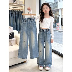 批发女<b class='q'>童</b><b class='q'>春秋</b>款阔腿牛仔裤2026新款中<b class='q'>大</b><b class='q'>童</b>时髦洋气女孩烫钻刺绣阔腿裤