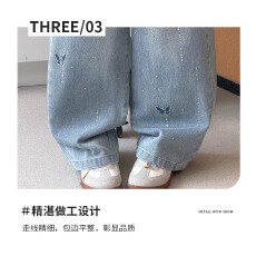 女童牛仔裤蝴蝶烫钻2026新款春秋洋气休闲直筒阔腿中大童儿童裤子
