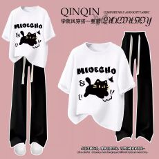 新款洋气韩版猫咪印花2025夏季新款男女童套装纯棉短袖T恤中大童