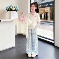 批发<b class='q'>女童</b>夏<b class='q'>季</b>阔腿裤套装2026新款青少年休闲裤Polo短袖<b class='q'>T</b><b class='q'>恤</b>大童两件套