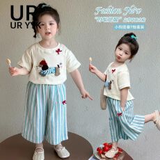 批发女童套装2026夏季新款儿童洋气薄款甜美女<b class='q'>宝宝</b>泡泡袖阔腿裤
