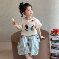 批发女童套装2026夏季新款儿童洋气薄款甜美女<b class='q'>宝宝</b>泡泡袖阔腿裤