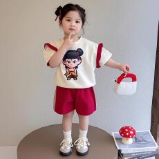 批发女童套装2026夏季新款儿童洋气薄款甜美女<b class='q'>宝宝</b>泡泡袖阔腿裤