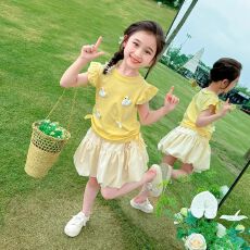批发女童套装2026夏季新款儿童洋气薄款甜美女<b class='q'>宝宝</b>泡泡袖阔腿裤