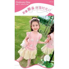 批发女童套装2026夏季新款儿童洋气薄款甜美女<b class='q'>宝宝</b>泡泡袖阔腿裤