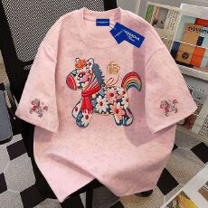 街头风设计仿刺绣小马印花扎染短袖t恤女夏季休闲百搭女童T恤ins