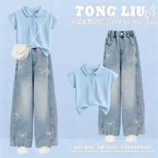 批发珊沫<b class='q'>女童</b>夏<b class='q'>季</b>休闲套装短袖上衣阔腿裤两件套韩版蓝色格子裤童装潮