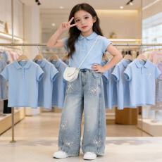 批发珊沫<b class='q'>女童</b>夏<b class='q'>季</b>休闲套装短袖上衣阔腿裤两件套韩版蓝色格子裤童装潮
