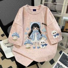 批发女童扎染短袖T恤卡通ins小女孩仿刺绣韩系百搭中大童夏季宽松上衣