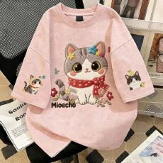 批发新版小女孩仿刺绣印花短袖T恤卡通ins韩系百搭中大童夏季宽松上衣