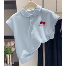 批发中大童洋气可爱简约polo领无袖40支纯棉T恤女童修身韩系翻领上衣