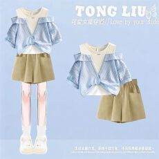 批发少女套装夏季高级感洋气女孩圆领新款短袖夏装运动短裤休闲两件套