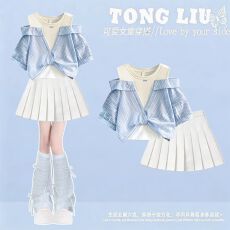 批发网红2026炸街套装小众露肩假两件短袖衬衫百褶裙今年流行两件套