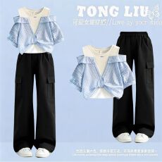 批发初中生学院风假两件露肩套装女夏季休闲百搭工装裤学生穿搭一整套