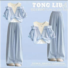 批发设计感假两件条纹短袖衬衫套装女小众短款露肩上衣山本裤一整套