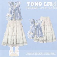 批发网红2026炸街套装小众露肩假两件短袖衬衫百褶裙今年流行两件套