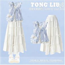 批发网红2026炸街套装小众露肩假两件短袖衬衫百褶裙今年流行两件套