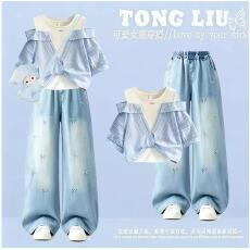 批发原版面料和做工2026新款小清新正肩撞色短袖t恤女假两件娃娃