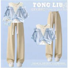 批发原版面料和做工2026新款小清新正肩撞色短袖t恤女假两件娃娃