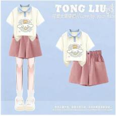 批发原版面料和做工2026新款小清新正肩撞色短袖t恤女假两件娃娃