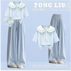 批发原版做工+40支纯棉2026新款小清新正肩撞色短袖t恤女假两件娃娃